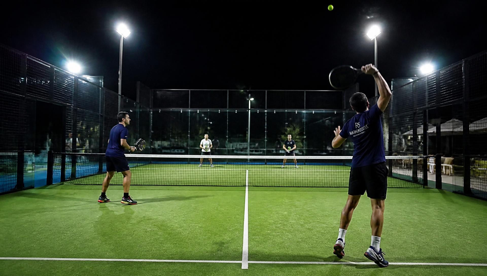 A padel game in progress on an outdoor court under floodlights at night